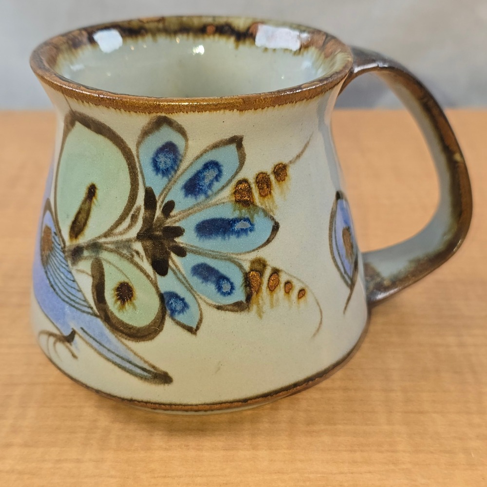Tonala small 4" Ceramic Mug Blue Green Bird Flowers Hand-Painted Mexico Vtg Dish - Picture 9 of 9